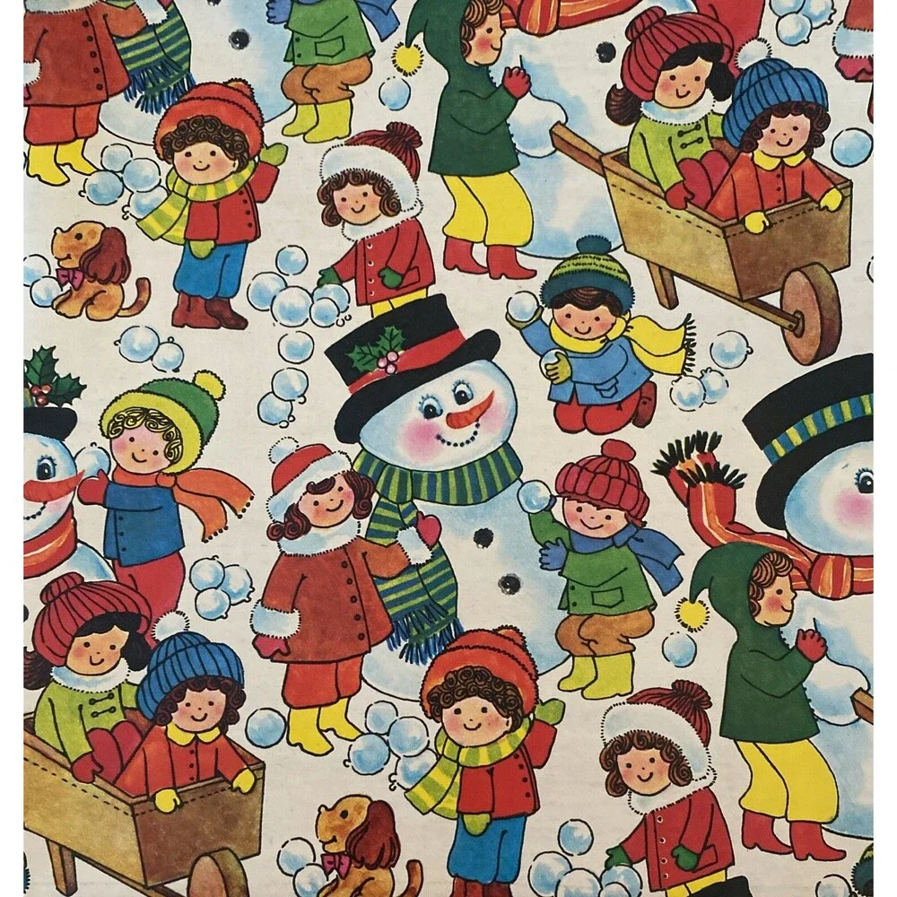 Vintage Christmas Gift Wrapping Paper Sheet CHILDREN WINTER SNOW SCENE SNOWMAN